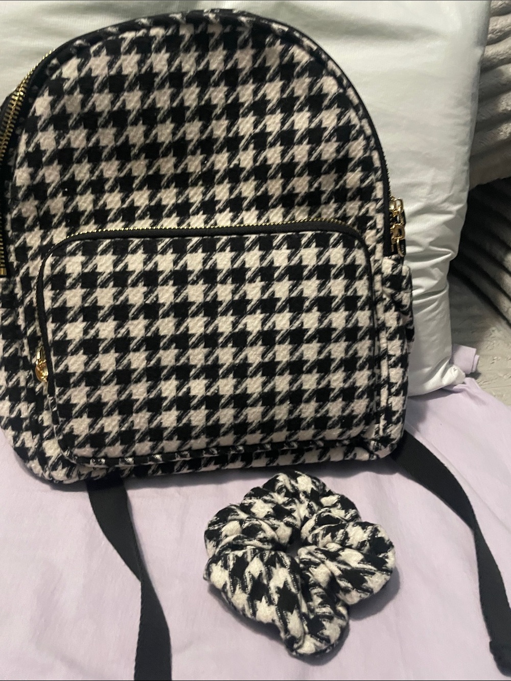 Stoney Clover Lane Black and White Houndstooth Backpack with matching scrunchie